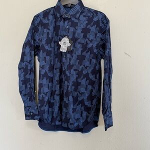 Visconti Black Men's Size S Long Sleeve Geo Houndstooth Cotton Shirt Blue Black
